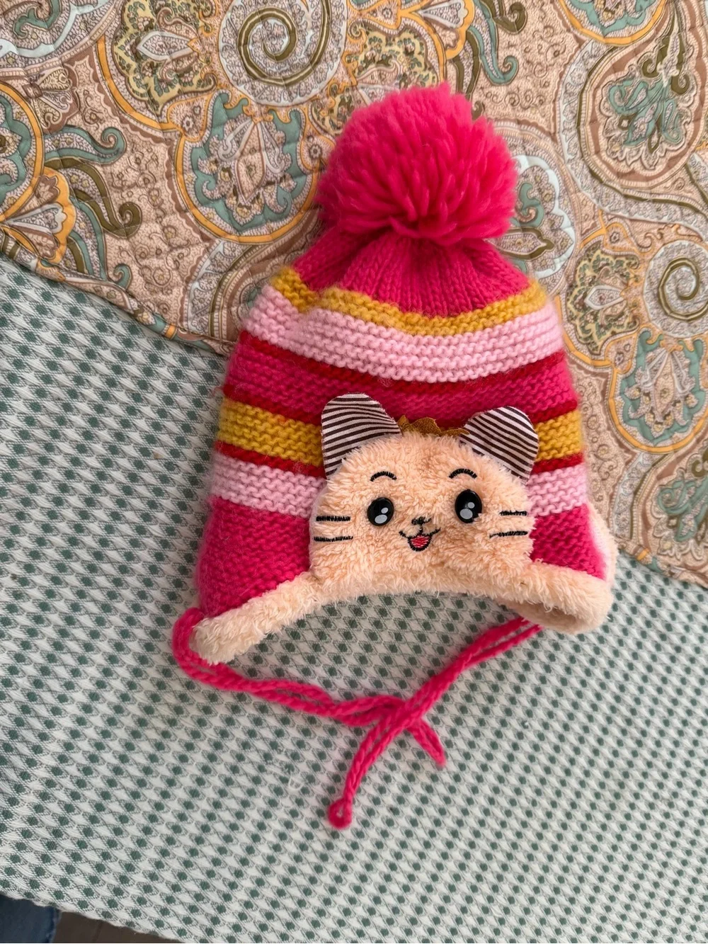 Girls' Crochet Winter Hat Pink Striped Cat Pom Pom Winter Hat Beanie